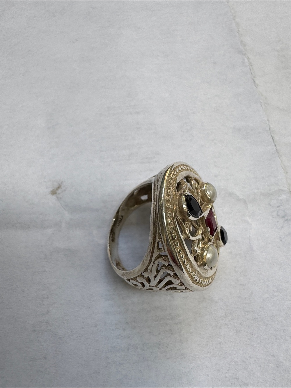 Sterling silver Filigree Statement Ring with Black, Red & Pearl Accents - Picture 2 of 5